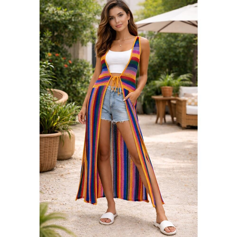 Crocheted Duster Rainbow Sz.Small By Runway Hippie Boho Peasant Side Slits